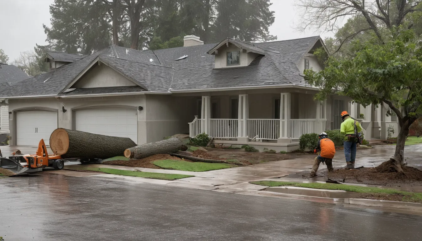 A local tree provider cutting a fallen tree away from a stucco home in Pacifica after a storm