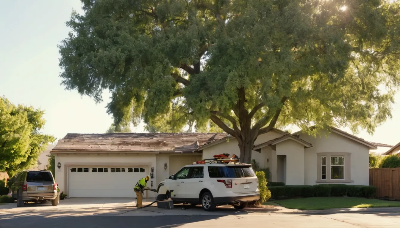 A local tree removal provider working on a backyard tree near a stucco home in Pacifica
