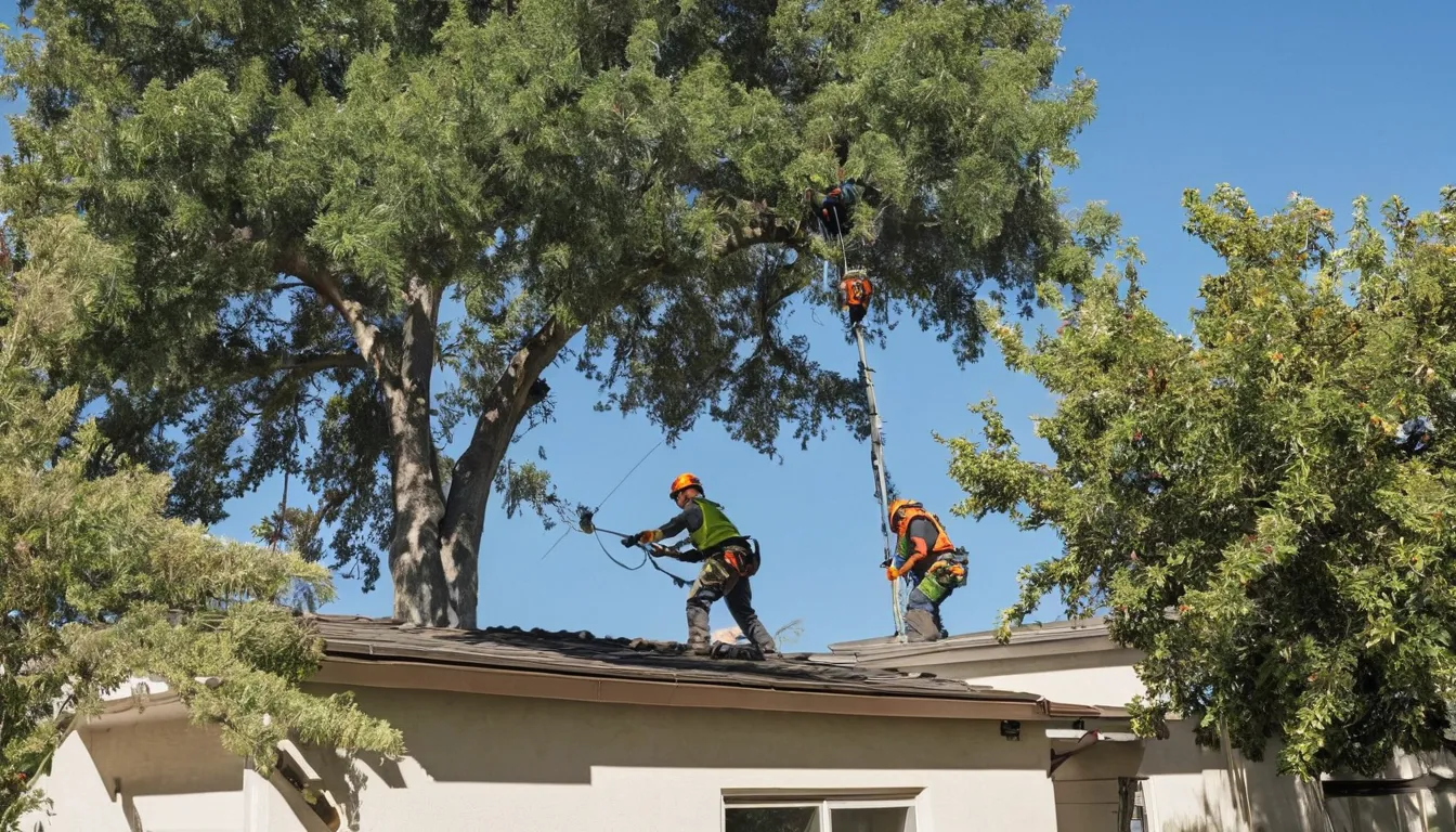 Tree removal provider cutting a large backyard tree in sections beside a stucco home in Pacifica